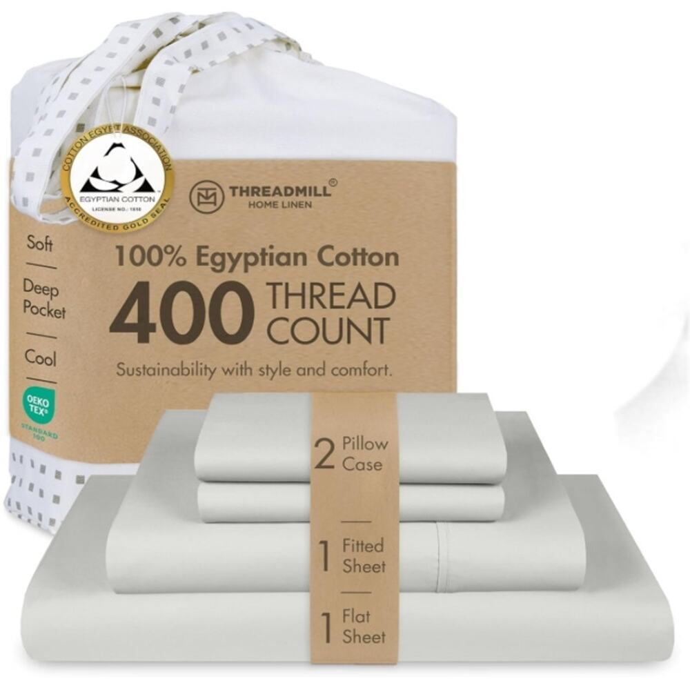 Threadmill 100% Egyptian Cotton King Sheet Set 400TC Deep Pocket Light Gray NWT